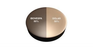 Imagem de gráfico de pizza mostrando Alocação de Ativos com 50% em Ibovespa e 50% em Dólar