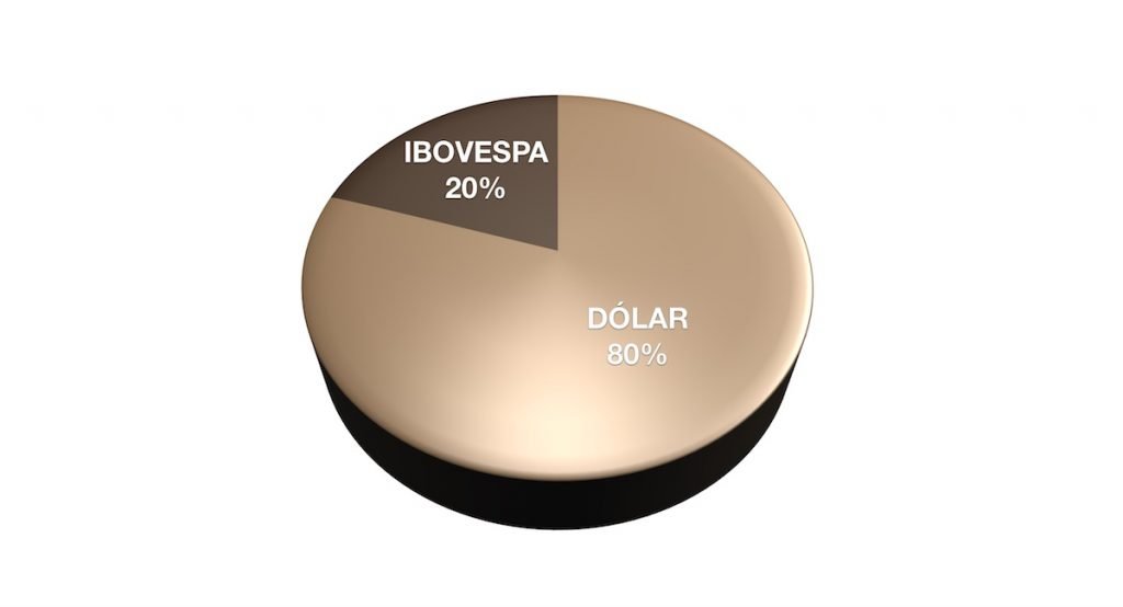 Ilustração de gráfico de pizza mostrando Ibovespa em 20% e Dólar em 80%